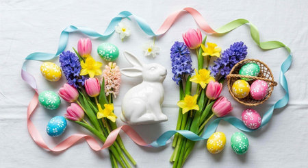 A festive Easter arrangement with colorful flowers, eggs, and a white bunny figurine