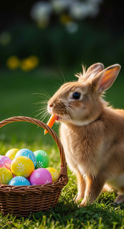 A cute brown bunny eating a carrot next to a basket of colorful Easter eggs