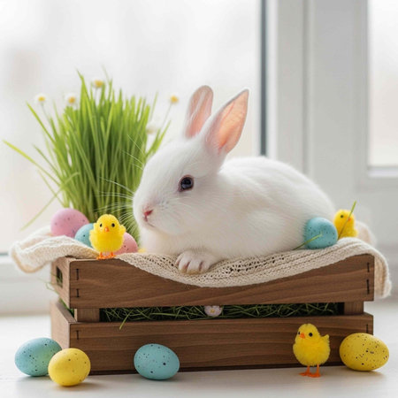 A white Easter bunny sitting in a wooden crate with colorful eggs and chicks
