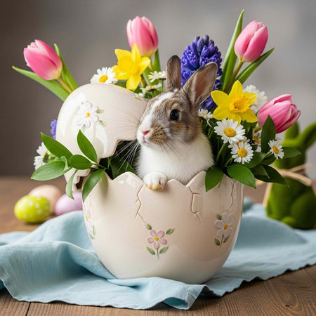 A cute Easter bunny sitting in a cracked eggshell filled with colorful flowers