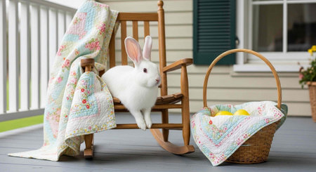 A white rabbit sitting in a wooden rocking chair on a porch with Easter eggs