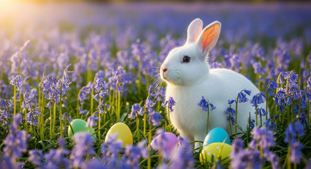 A white Easter bunny sitting in a field of purple flowers with colorful eggsの写真素材