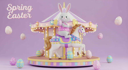 A colorful Easter bunny rides a merry-go-round horse surrounded by eggs