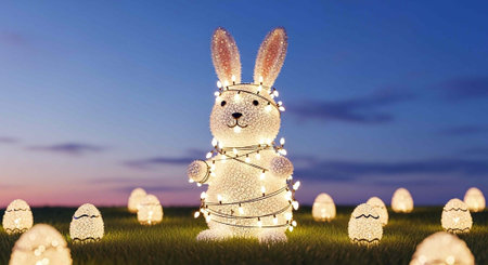 A large illuminated Easter bunny stands in a field of glowing eggs at duskの写真素材