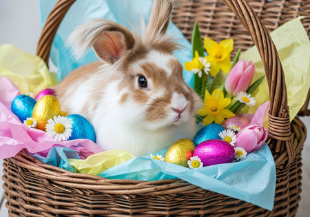 A cute brown and white rabbit sitting in a wicker Easter basket surrounded by colorful eggs and...