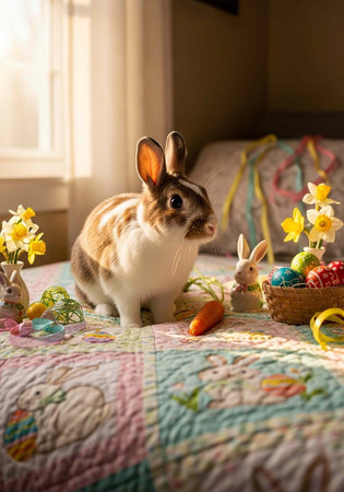 A brown and white rabbit sitting on a colorful quilt with Easter decorations