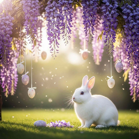 A white rabbit sitting under a blooming wisteria tree with Easter eggs hanging from it