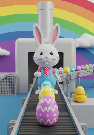 A cartoon Easter bunny stands on a conveyor belt with decorated eggs and a rainbow backgroundの写真素材