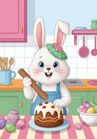 A cartoon bunny baking a cake in a colorful kitchen for Easter celebrationの写真素材