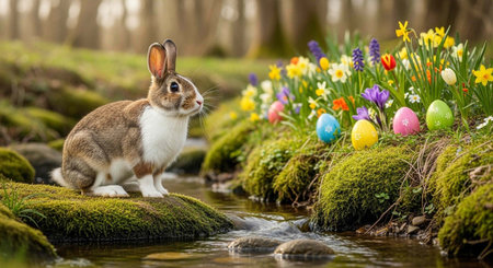 A brown and white rabbit sitting on a mossy rock by a stream with colorful flowers and Easter eggsの写真素材