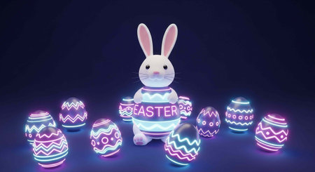 A white Easter bunny surrounded by colorful glowing Easter eggs in the darkの写真素材