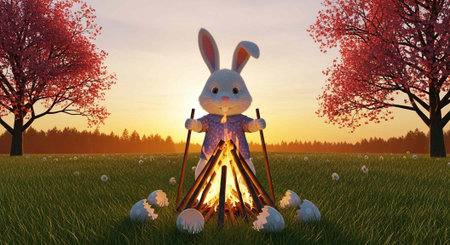 A large bunny stands by a campfire in a serene natural landscape at sunset