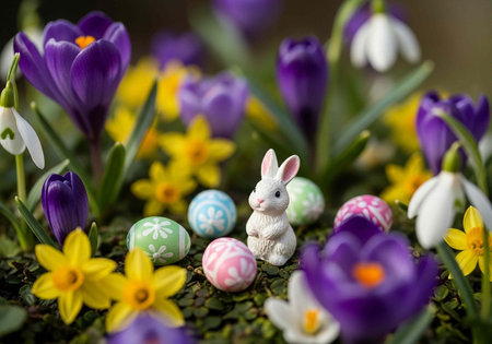 A small white Easter bunny surrounded by colorful flowers and decorated eggs in a garden