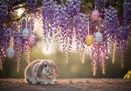 A cute rabbit sitting under a blooming wisteria tree with Easter eggs hanging from itの写真素材