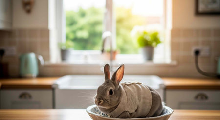 A rabbit wearing a sweater sits in a bowl on a kitchen counterの写真素材
