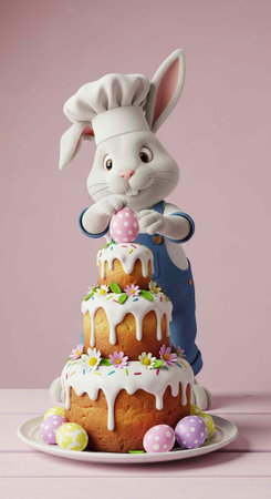 A cheerful Easter bunny chef stands behind a decorated cake with eggs and flowersの写真素材