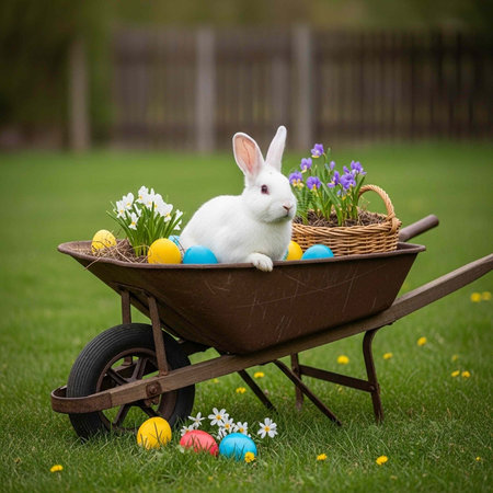 A white rabbit sitting in a wheelbarrow filled with colorful Easter eggs and flowers