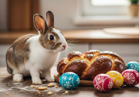 A cute Easter bunny sitting next to a braided bread and colorful eggs on a table