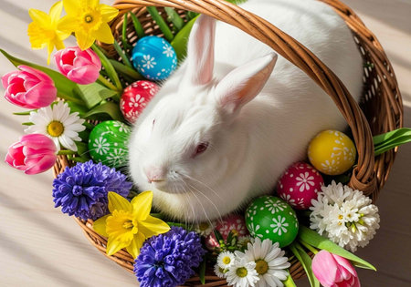 A white rabbit sitting in a wicker basket surrounded by colorful Easter eggs and flowersの写真素材