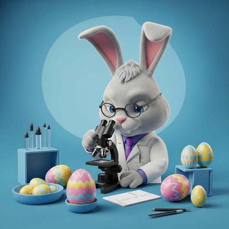 Cute Easter bunny with a microscope and easter eggs on a blue background