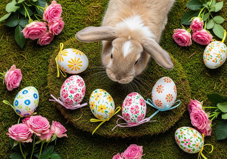 A cute Easter bunny surrounded by colorful eggs and pink roses on green mossの写真素材