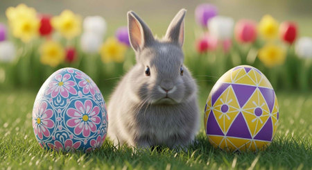 Easter bunny and easter eggs on green grass in springtime