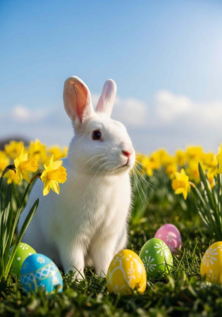 A white rabbit sitting in a field of daffodils with colorful Easter eggs