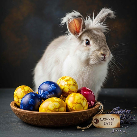 A white rabbit sitting next to a bowl of colorful Easter eggs made with natural dyes