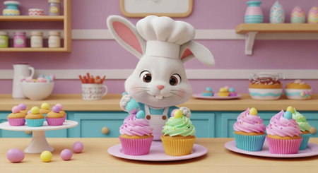 A cartoon rabbit in a chef hat stands behind colorful cupcakes in a kitchenの写真素材