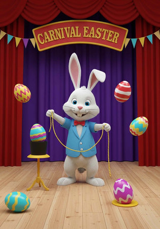 A cartoon Easter bunny juggling colorful eggs on a vibrant carnival stage