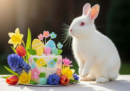 A white rabbit sitting next to a colorful Easter cake with flowers and eggs