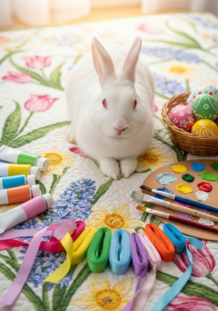 A white rabbit surrounded by Easter decorations and art supplies on a floral blanketの写真素材