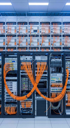 A large server room with rows of computer equipment and orange cables
