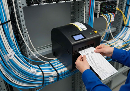 A person in a blue shirt using a label printer in a server room