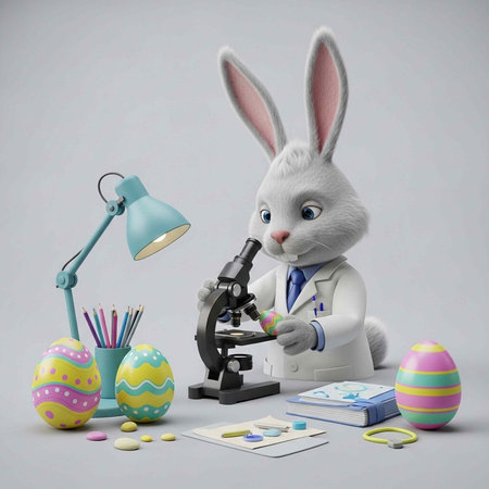 A white rabbit in a lab coat examines Easter eggs with a microscope