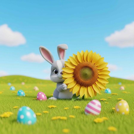 A white bunny holding a sunflower in a green field with colorful Easter eggs