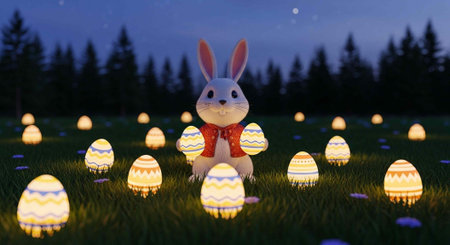 A festive Easter bunny surrounded by glowing eggs in a serene nighttime landscapeの写真素材