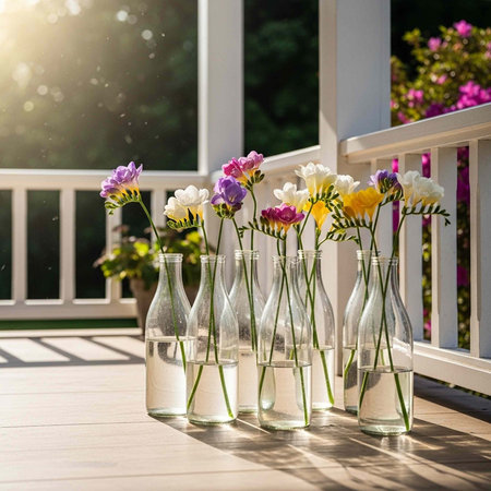 A serene arrangement of colorful flowers in glass vases on a sunny porch with white railingsの写真素材