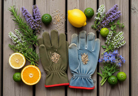 A pair of gardening gloves surrounded by flowers, fruits, and seeds on a wooden tableの写真素材