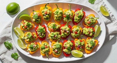 A vibrant platter of stuffed bell peppers with guacamole and lime on a white table