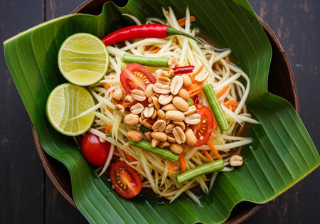 A vibrant and delicious Thai salad served on a banana leaf with fresh lime and peanuts