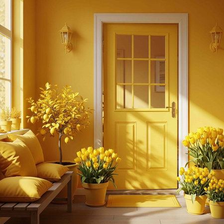 A bright and welcoming home entrance with yellow flowers and a matching door