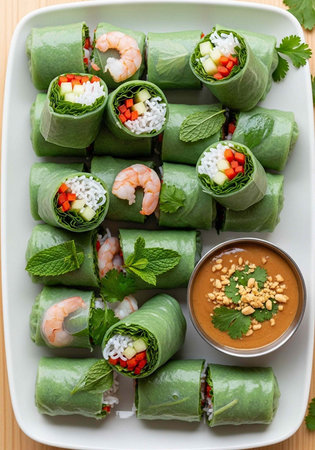 A plate of fresh spring rolls with shrimp and vegetables served with a side of peanut sauce