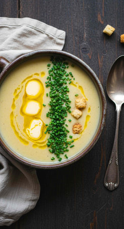 A bowl of creamy potato soup with butter, chives, and croutons on a dark wooden table