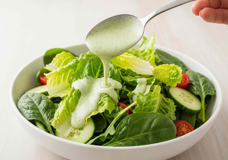 A hand pouring creamy dressing into a fresh salad in a white bowl on a clean tableの写真素材