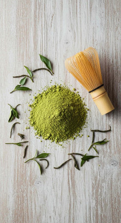 Green tea powder with whisk and green tea leaves on white wooden table