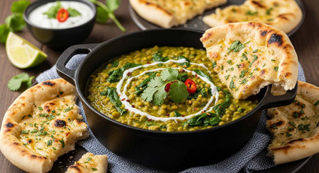 A delicious and vibrant Indian dish with naan bread and a bowl of green curry