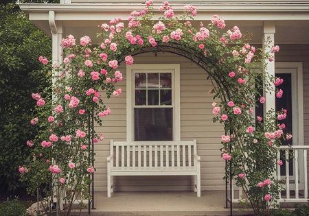 A charming house with a white bench and pink roses on the porch