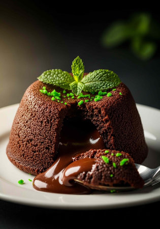 A decadent chocolate lava cake with a gooey center, garnished with fresh mint leaves on a white plate.の写真素材