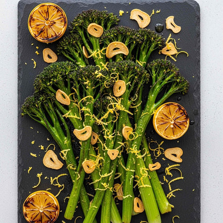 A vibrant arrangement of roasted broccoli, cashews, and lemon on a black slate plate, perfect for a healthy mealの写真素材